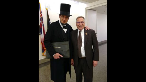 Abraham Lincoln reenactor George Buss of Freeport met with U.S. Rep. Mike Bost, R-Ill., during a visit to Washington, D.C., last week. Buss was voicing support for legislation that will add Jonesboro and Freeport to the Lincoln National Heritage Area in Illinois. Photo provided.