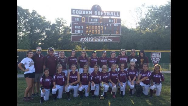 Regional champions With a victory over Dongola, the host Cobden Junior High School softball team won a Class S regional championship last Friday evening. Cobden also won an SIC conference championship. In the first row are, from left, Leah Goins, Emma Phillippe, Kylie Hale, Emma Kilpatrick, Tess Brummer, Mya Bittle, Mirranda Eads, Rhylee Sauerbrunn and Bianca Vicente. In the second row are Katelyn Shadowens, Lily Britt, Hannah Stillman, Abby Clover, MaKenzie Howell, Abby Remsey, Olivia Brumleve, Gracelynn Fisher and Karleigh